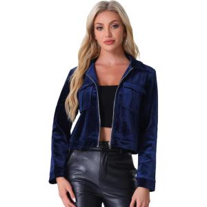 imageAllegra K Cropped Velvet Jacket for Womens 2024 Fall Winter Long Sleeve Zip Up Casual JacketsRoyal Blue