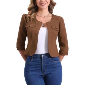 imageAllegra K Denim Jacket for Womens Collarless 2025 Cardigan 34 Sleeve Crop Jean JacketsBrown