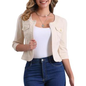 imageAllegra K Denim Jacket for Womens Collarless 2025 Cardigan 34 Sleeve Crop Jean JacketsCream
