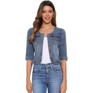 imageAllegra K Denim Jacket for Womens Collarless 2025 Cardigan 34 Sleeve Crop Jean JacketsGray Blue