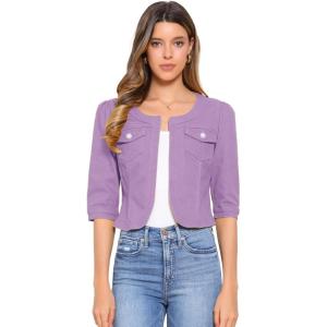 imageAllegra K Denim Jacket for Womens Collarless 2025 Cardigan 34 Sleeve Crop Jean JacketsPurple