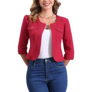 imageAllegra K Denim Jacket for Womens Collarless 2025 Cardigan 34 Sleeve Crop Jean JacketsRed