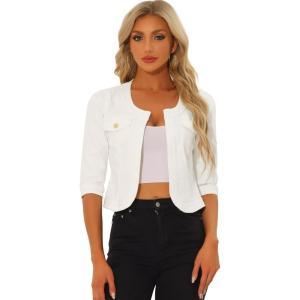 imageAllegra K Denim Jacket for Womens Collarless 2025 Cardigan 34 Sleeve Crop Jean JacketsWhite