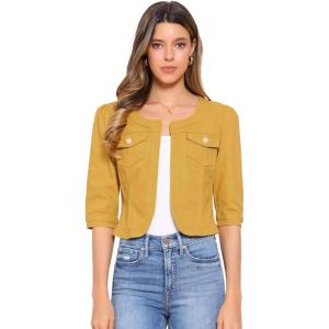 imageAllegra K Denim Jacket for Womens Collarless 2025 Cardigan 34 Sleeve Crop Jean JacketsYellow