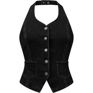 imageAllegra K Denim Vest for Womens Halter Neck Button Down Backless Jean WaistcoatBlack