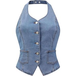 imageAllegra K Denim Vest for Womens Halter Neck Button Down Backless Jean WaistcoatBlue