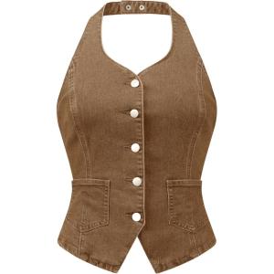 imageAllegra K Denim Vest for Womens Halter Neck Button Down Backless Jean WaistcoatBrown