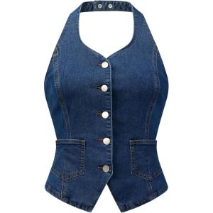 imageAllegra K Denim Vest for Womens Halter Neck Button Down Backless Jean WaistcoatDark Blue