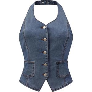 imageAllegra K Denim Vest for Womens Halter Neck Button Down Backless Jean WaistcoatGray Blue