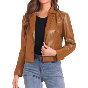 imageAllegra K Faux Leather Jacket for Womens Motorcycle Moto Biker Coat Casual Cropped PU Leather JacketsLight Brown