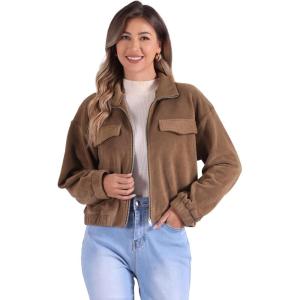 imageAllegra K Fuzzy Short Jacket for Womens Stand Collar Long Sleeve Casual Crop CoatBrown
