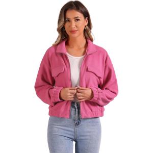 imageAllegra K Fuzzy Short Jacket for Womens Stand Collar Long Sleeve Casual Crop CoatHot Pink