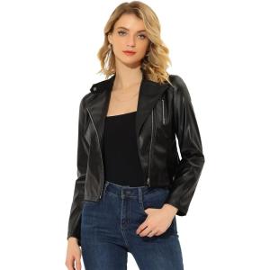 imageAllegra K PU Crop Jacket for Womens Slim Fit Zip Up Belted Motorcycle Faux Leather JacketsBlack
