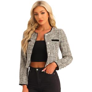 imageAllegra K Tweed Jacket for Womens Long Sleeve Casual Work Office Plaid Short OutwearApricot