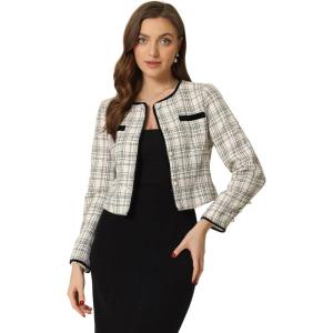 imageAllegra K Tweed Jacket for Womens Long Sleeve Casual Work Office Plaid Short OutwearBlack White