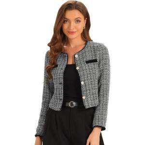 imageAllegra K Tweed Jacket for Womens Long Sleeve Casual Work Office Plaid Short OutwearBlackwhite