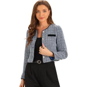 imageAllegra K Tweed Jacket for Womens Long Sleeve Casual Work Office Plaid Short OutwearBlue White
