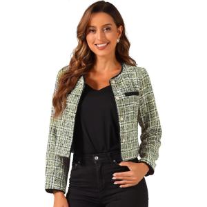imageAllegra K Tweed Jacket for Womens Long Sleeve Casual Work Office Plaid Short OutwearGreen
