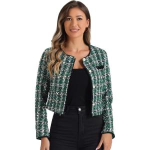 imageAllegra K Tweed Jacket for Womens Long Sleeve Casual Work Office Plaid Short OutwearGreen Black