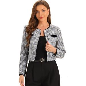 imageAllegra K Tweed Jacket for Womens Long Sleeve Casual Work Office Plaid Short OutwearGrey Brown