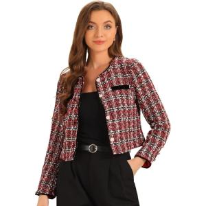 imageAllegra K Tweed Jacket for Womens Long Sleeve Casual Work Office Plaid Short OutwearRed Black