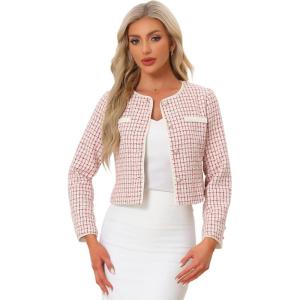 imageAllegra K Tweed Jacket for Womens Long Sleeve Casual Work Office Plaid Short OutwearRed White