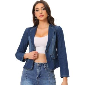 imageAllegra K Women Cropped Jean Jacket Long Sleeve Collarless One Button Lightweight Stretchy Fitted Denim Shacket JacketsDark Blue