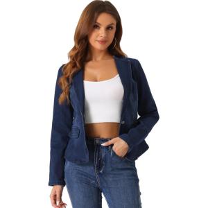 imageAllegra K Women Cropped Jean Jacket Long Sleeve Collarless One Button Lightweight Stretchy Fitted Denim Shacket JacketsDeep Blue