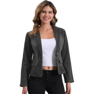 imageAllegra K Women Cropped Jean Jacket Long Sleeve Collarless One Button Lightweight Stretchy Fitted Denim Shacket JacketsGrey