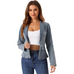 imageAllegra K Women Cropped Jean Jacket Long Sleeve Collarless One Button Lightweight Stretchy Fitted Denim Shacket JacketsGrey Blue