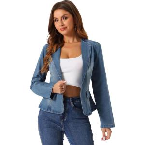 imageAllegra K Women Cropped Jean Jacket Long Sleeve Collarless One Button Lightweight Stretchy Fitted Denim Shacket JacketsIce Blue