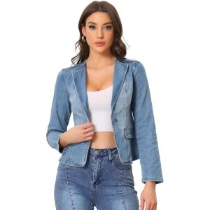 imageAllegra K Women Cropped Jean Jacket Long Sleeve Collarless One Button Lightweight Stretchy Fitted Denim Shacket JacketsLight Blue