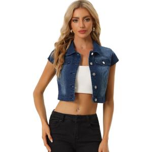 imageAllegra K Womens 2024 Summer Button Down Cap Short Sleeve Cropped Jean Denim JacketDark Blue