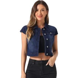 imageAllegra K Womens 2024 Summer Button Down Cap Short Sleeve Cropped Jean Denim JacketDeep Blue