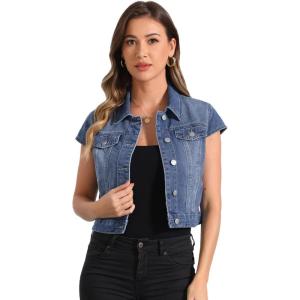 imageAllegra K Womens 2024 Summer Button Down Cap Short Sleeve Cropped Jean Denim JacketMblue