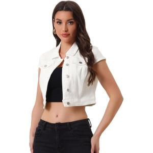 imageAllegra K Womens 2024 Summer Button Down Cap Short Sleeve Cropped Jean Denim JacketWhite