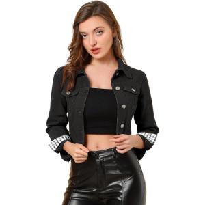 imageAllegra K Womens Button Down Denim Jacket Check Cuffs Casual Cropped Jean JacketsBlack