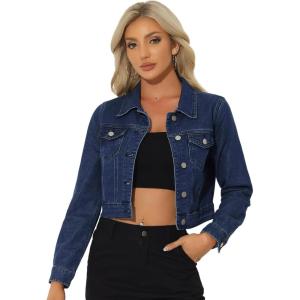 imageAllegra K Womens Button Down Denim Jacket Check Cuffs Casual Cropped Jean JacketsDenim Blue