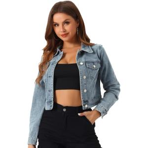imageAllegra K Womens Button Down Denim Jacket Check Cuffs Casual Cropped Jean JacketsDusty Blue