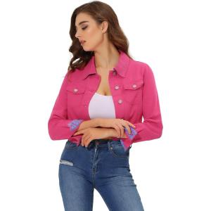 imageAllegra K Womens Button Down Denim Jacket Check Cuffs Casual Cropped Jean JacketsFuchsia