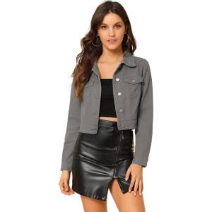 imageAllegra K Womens Button Down Denim Jacket Check Cuffs Casual Cropped Jean JacketsGray