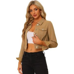 imageAllegra K Womens Button Down Denim Jacket Check Cuffs Casual Cropped Jean JacketsKhaki