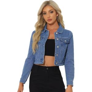 imageAllegra K Womens Button Down Denim Jacket Check Cuffs Casual Cropped Jean JacketsLight Blue