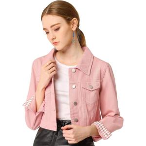 imageAllegra K Womens Button Down Denim Jacket Check Cuffs Casual Cropped Jean JacketsPeach Pink