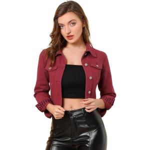 imageAllegra K Womens Button Down Denim Jacket Check Cuffs Casual Cropped Jean JacketsWine Red