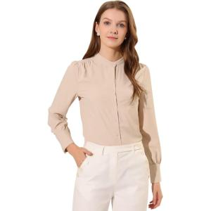 imageAllegra K Womens Button Down Office Top Long Sleeve Formal Mandarin Collar ShirtBeige