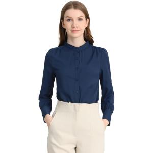 imageAllegra K Womens Button Down Office Top Long Sleeve Formal Mandarin Collar ShirtDark Blue
