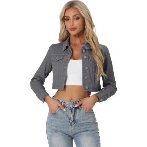 imageAllegra K Womens Denim Jackets 2025 Casual Button Down Long Sleeves Crop Jean JacketGrey