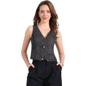 imageAllegra K Womens Denim Jakcet Sleeveless V Neck Button Down Casual Jean Waistcoat VestBlack