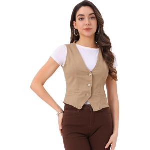 imageAllegra K Womens Denim Jakcet Sleeveless V Neck Button Down Casual Jean Waistcoat VestKhaki